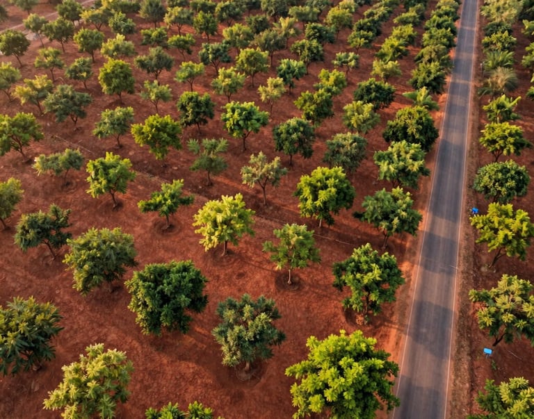 Wide-angle aerial drone photograph of a sprawling, neatly organized red sandalwood plantation in Andhra Pradesh. Warm golden hour light illuminates the rich terracotta-colored soil and the vibrant green canopy of young, healthy trees. A clear, paved access road runs along the right side of the frame, emphasizing legal layout planning and security.