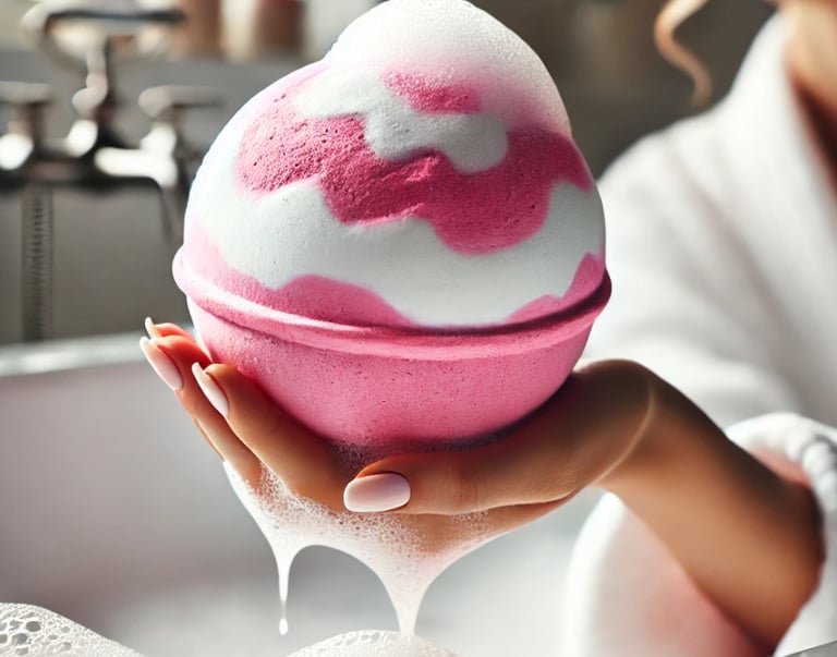 Oversized pink and white bath bomb fizzing in water with creamy foam and long-lasting bubbles.