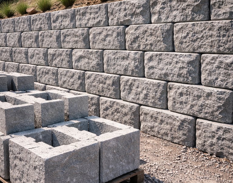 Blocos de arrimo de concreto para contenção de taludes.