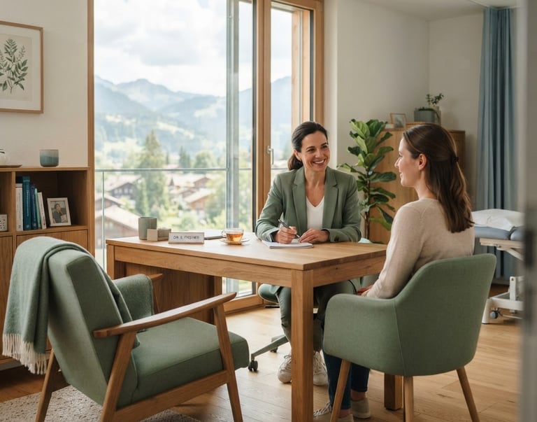 Warm clinical photography of a serene consultation room in Switzerland, soft natural window light, sage green textiles, elegant and peaceful atmosphere.