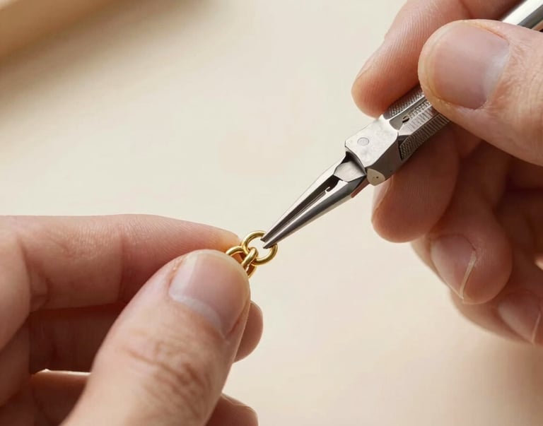 Extreme macro close-up of a jeweler's hands soldering gold links, soft natural side-light, warm ivory tones, atmospheric