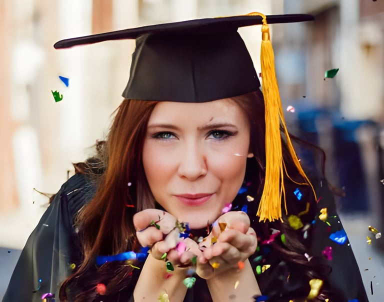 Smiling graduate in cap and gown with confetti, symbolizing successful scholarship guidance Admit360