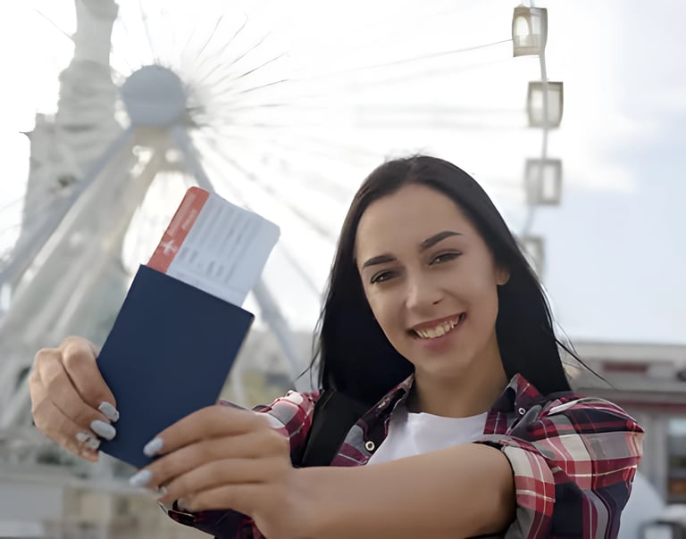 Woman smiling with passport and ferris wheel backdrop, illustrating Admit 360's support