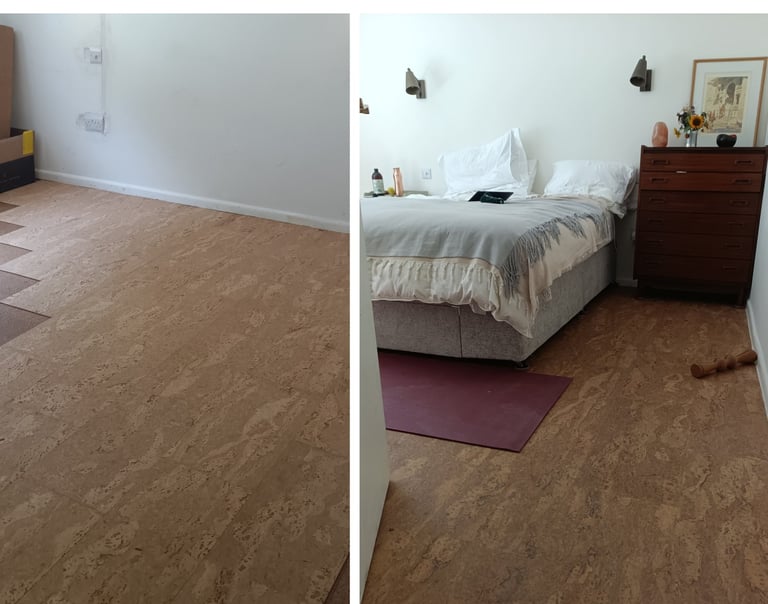 Stroud cotswolds bedroom renovation showing natural cork flooring tiles installation.