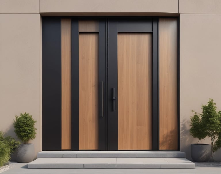 a modern front door with a wooden door and a planter