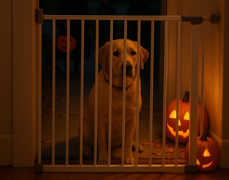 Dog behind gate watching trick-or-treaters outside Burlington home.
