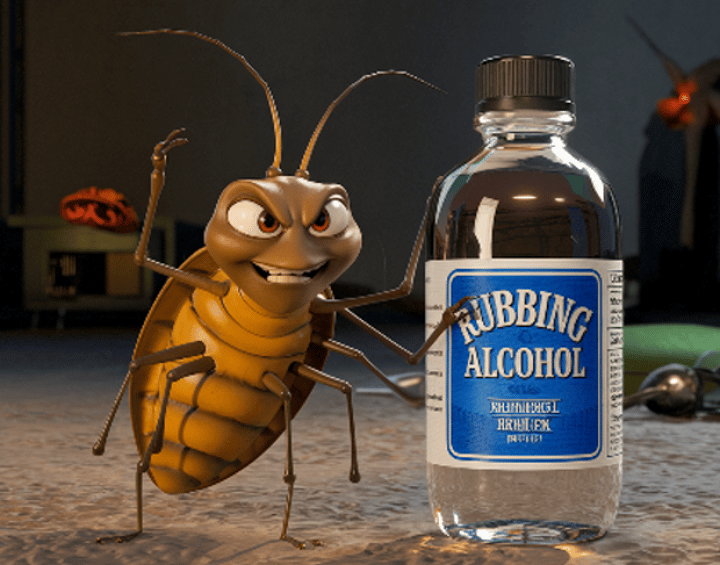 a bottle of rubbing alcohol next to a bed bug