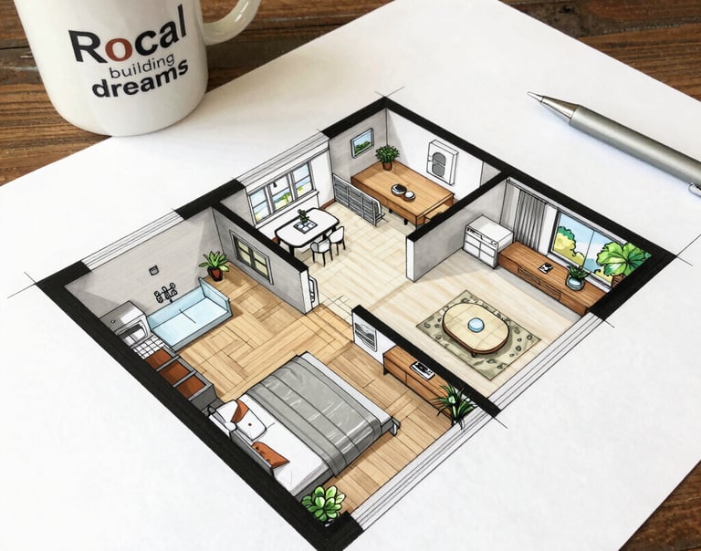 A 2D floor plan for a modern small house featuring two bedrooms, a living room, and a coffee mug.