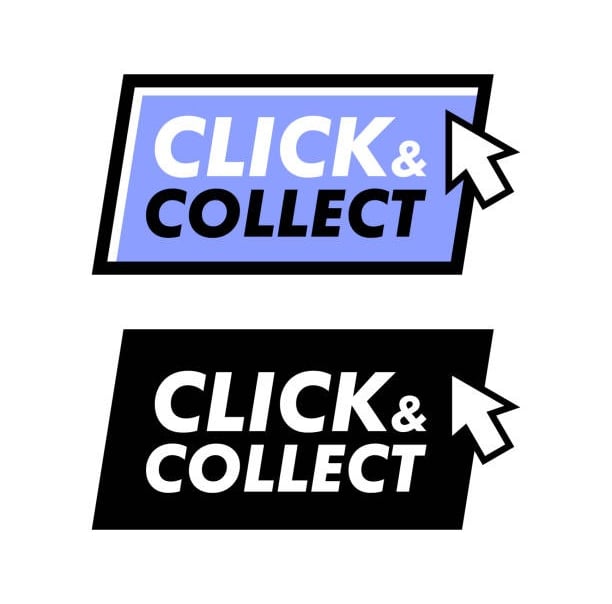 Deux boutons, l'un avec un fond violet et l'autre avec un fond noir, avec l'écriture Click & Collect
