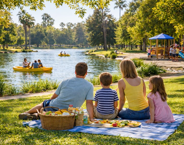 Family sitting on a picnic blanket by a lake at El Dorado Park in Long Beach with paddle boats and trees in the background