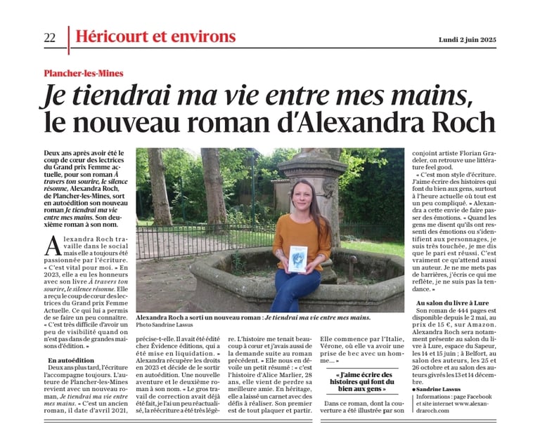 Article de presse - "Je tiendrai ma vie entre mes mains", le nouveau roman d'Alexandra Roch.