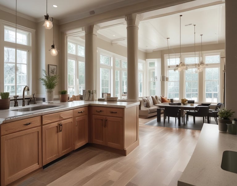 view of a kitchen with a dining room beyond it