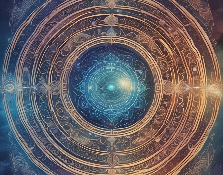 Zodiac wheel with astrological symbols and figures