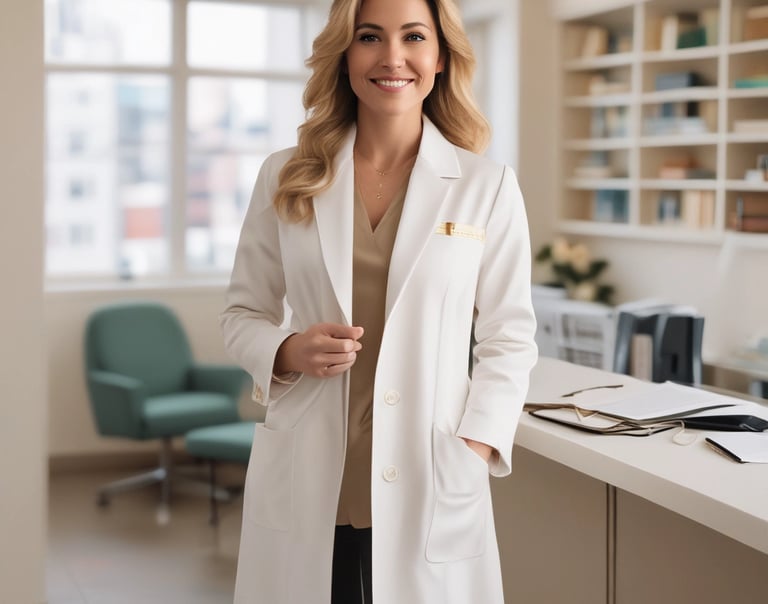 a woman in a white lab coat and a white coat