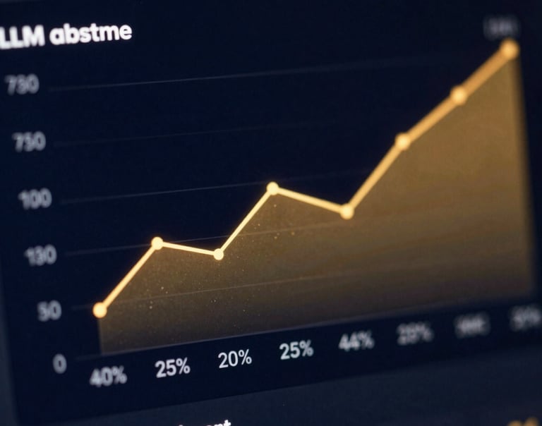 Macro close-up of a high-fidelity UI dashboard showing LLM citation metrics, glowing gold charts against a deep midnight navy background, sharp focus, editorial 35mm