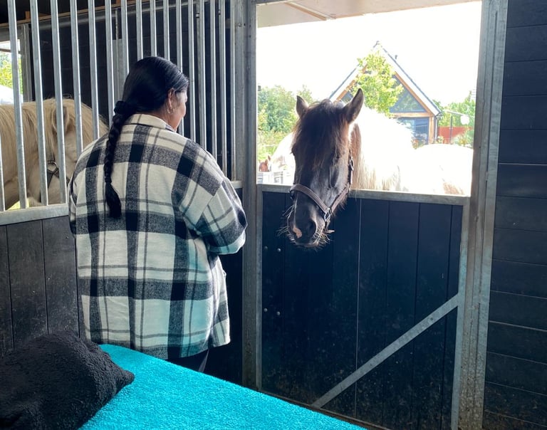 vrouw in een stal met een behandeltafel en een paard over de halve staldeur