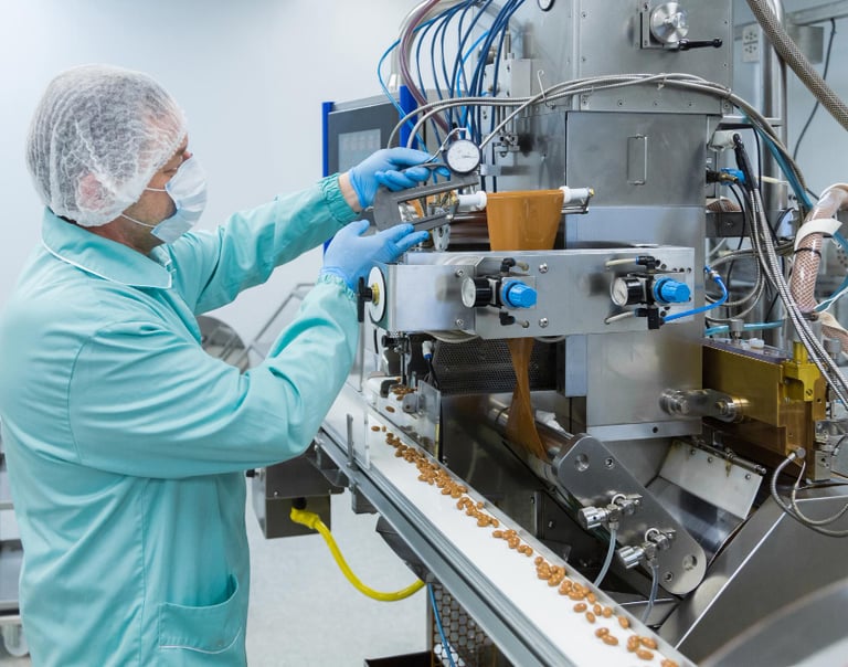 a person in a lab coat and gloves working on a machine
