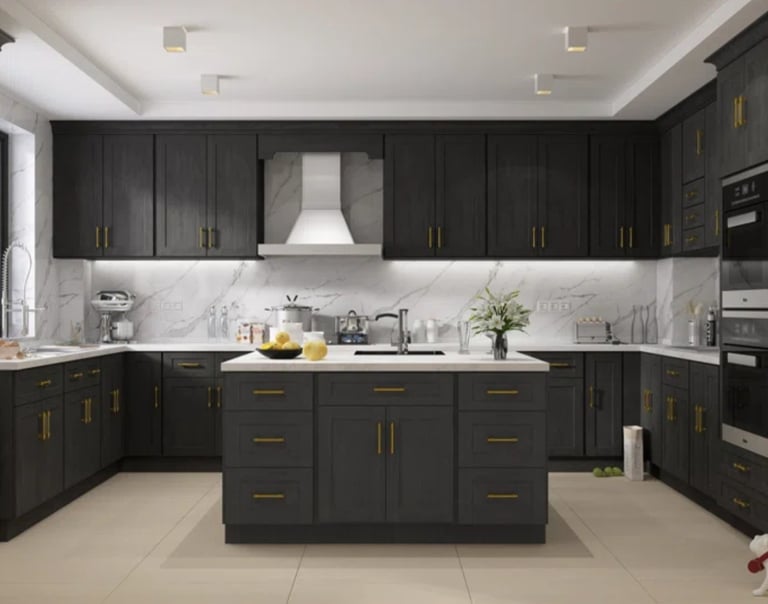 a kitchen with a marbled counter top and a marbled counter top