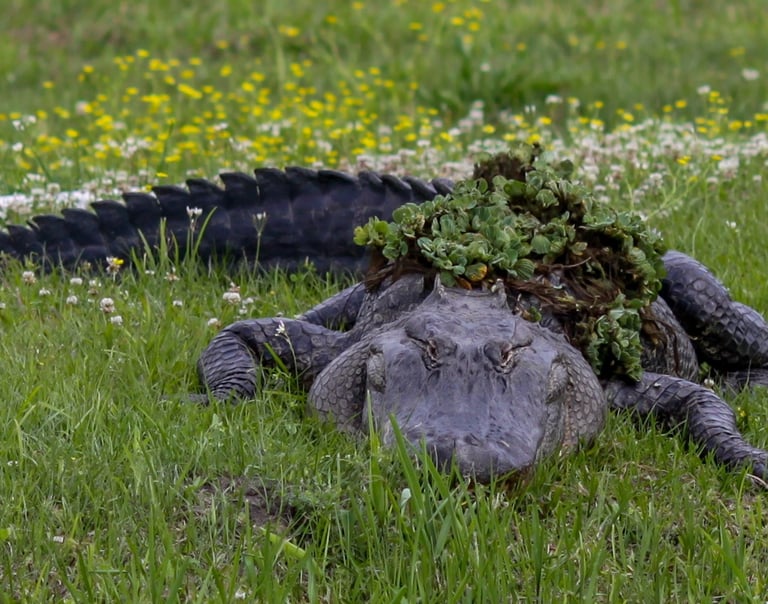 Huge American Aligator hiding in the grass with a menacing smile