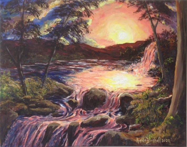 Vibrant, hot colours of a sunset reflected in waterfall looks like lava flow. Acrylics on canvas