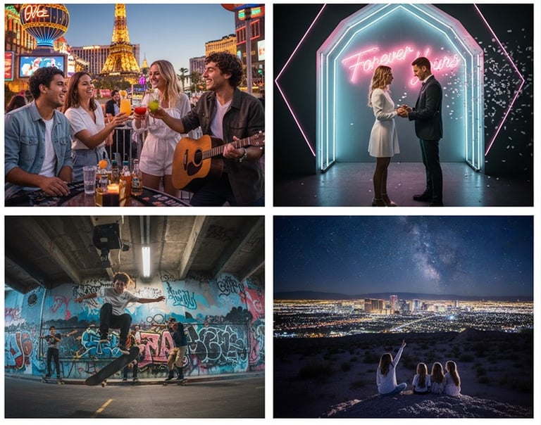 a couple of people standing in front of a neon sign