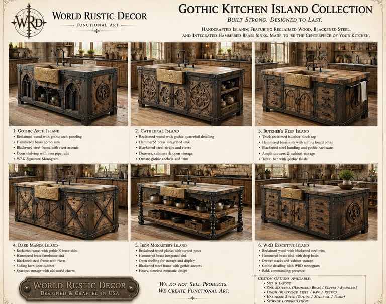 A collection of Gothic kitchen islands featuring reclaimed wood, hammered brass sinks, and blackened steel accents.