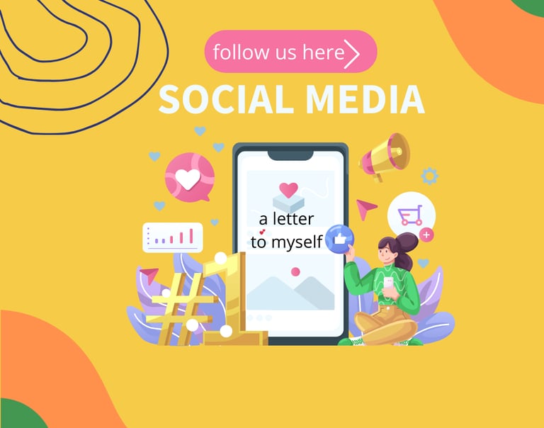 Follow us social media. A woman sitting on a couch with a phone