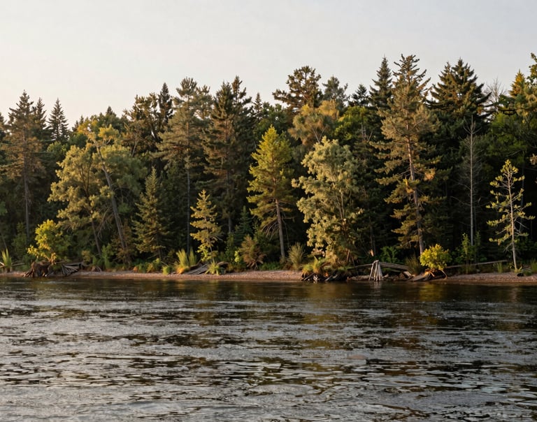 Wide environmental shot of a restored forested shoreline of a Great Lakes river, soft early morning sun, natural earth tones.
