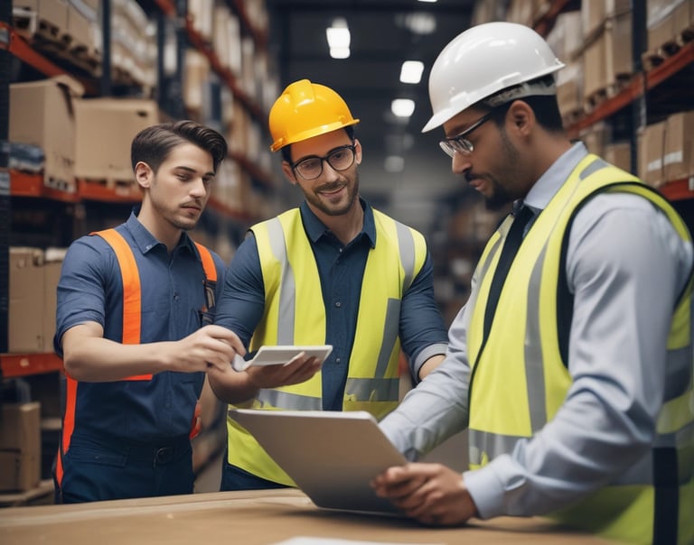 A diverse group of employees engaged in interactive AI-driven training on tablets in a modern workspace.