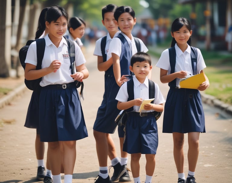 A group of children gather closely together in an outdoor setting, some looking directly at the camera while others are engaged in different activities. The environment appears lively and filled with a mixed group of kids wearing casual clothing. A blue tarp and wooden beams are visible in the background, suggesting a makeshift or temporary shelter.