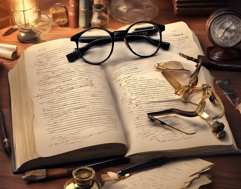 livre ouvert avec des lunettes de détectives et des fournitures d'écritures