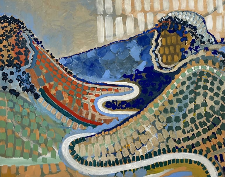 a painting of two mountains facing each other with faces in conversation