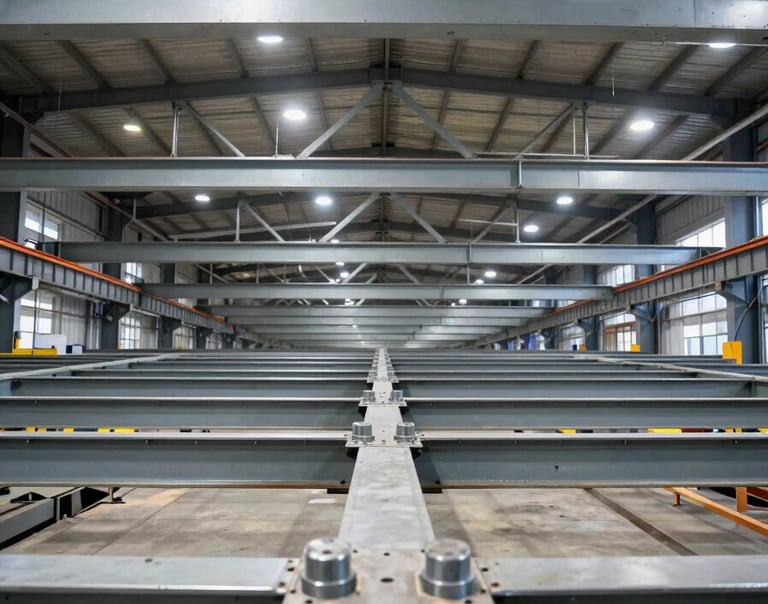 Wide-angle view from below a completed structural steel span inside an industrial warehouse, tungsten-lit ceiling trusses receding into depth, welded connection plates visible in sharp foreground detail, no workers, evidence of precision fabrication