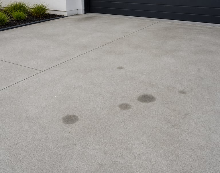 Dark oil stains on a light gray concrete driveway in front of a modern residential garage.