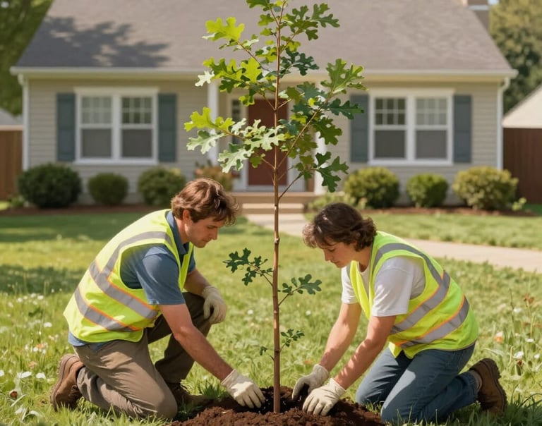 two tree experts planting an oak tree in a front yard