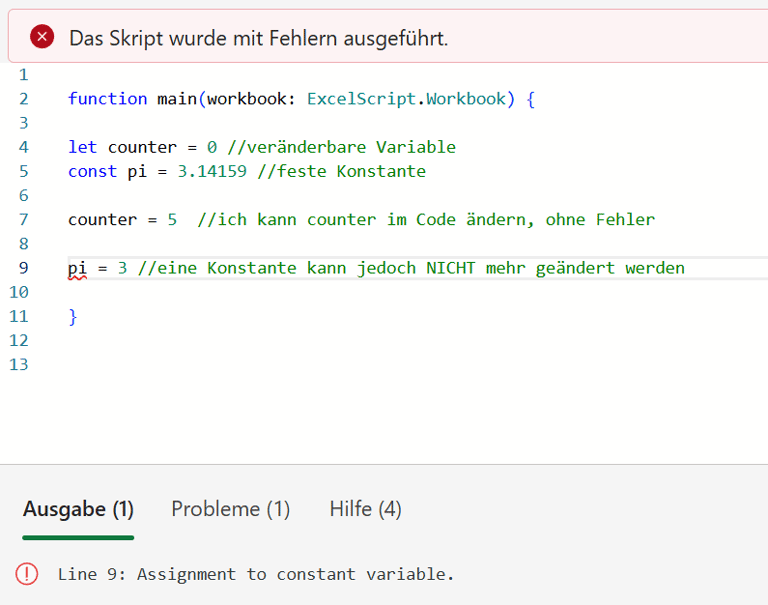 Office Script let const Erklärung
