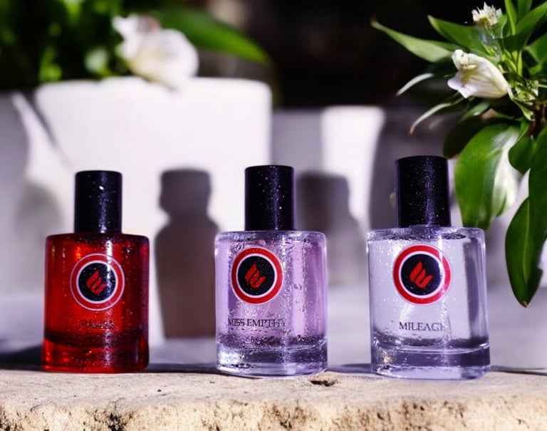 a group of bottles of envoke's perfumes and fragrances