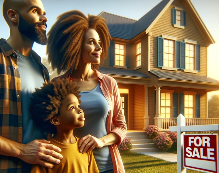 a family buying new home with a for sale sign