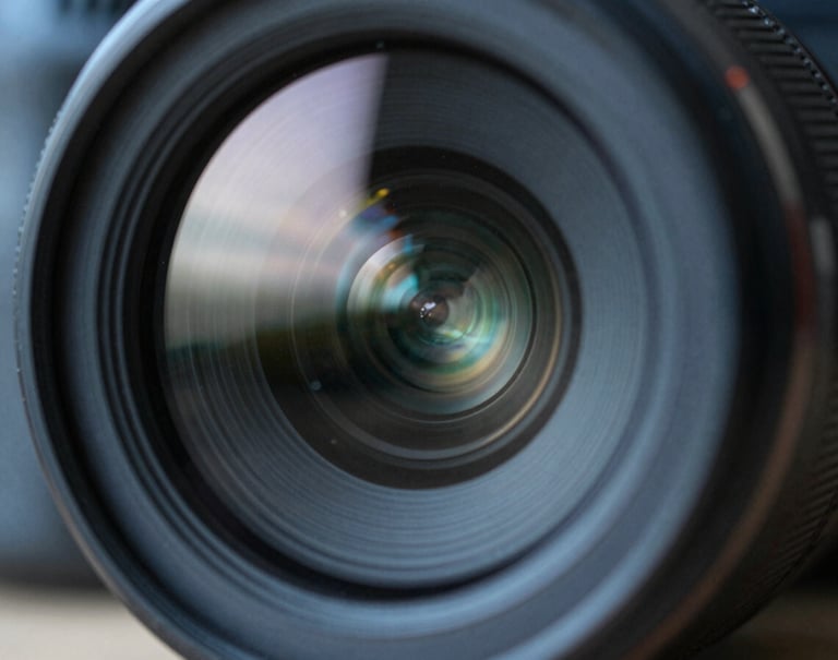 A macro shot of a camera lens reflecting a digital interface. The color palette is dominated by deep ocean slate and sharp mist white highlights.