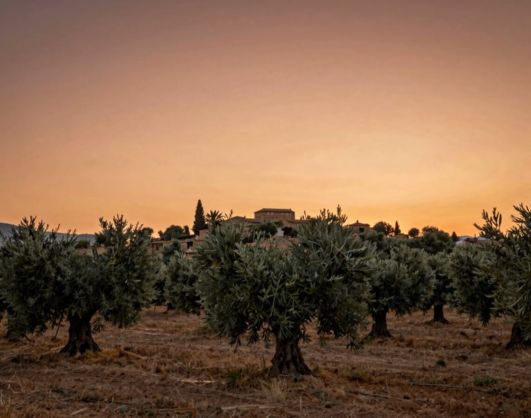 A wide cinematic shot of a Southern European / Italian olive grove at sunset. The sky is a gradient of terracotta and soft orange. The light is hazy and warm, creating a nostalgic, authentic lifestyle atmosphere. Rule of thirds composition.