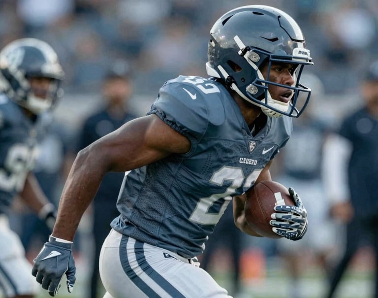 Side profile of the running back on the sidelines, helmet off, showing leadership and focus. Intense, gritty lighting. Palette: #1C2B3A, #3A5A7A, and #8FAEC0.