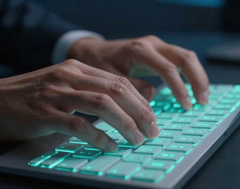 Macro shot of a digital professional's hands typing on a high-tech keyboard. The keys have a soft bright teal glow. The surrounding environment is a professional dark charcoal blue office at night. Sharp focus on the fingertips.