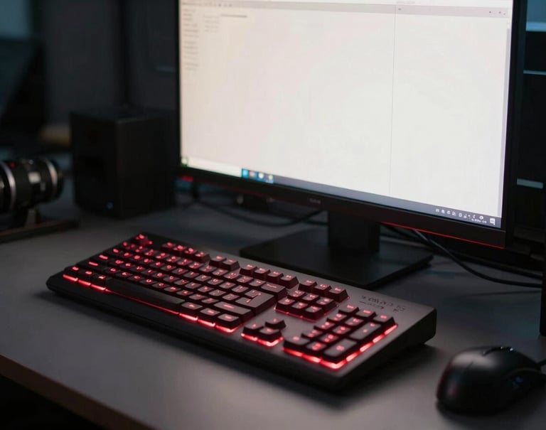 A cinematic shot of a professional workstation in a dim room. A glowing editing console with deep red backlit keys sits in the foreground, with off-white light from a monitor reflecting on a polished dark grey surface.