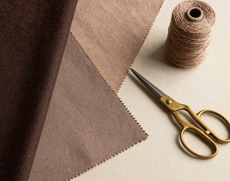 A flat lay of fabric swatches and spools of thread used for the project. The palette includes deep espresso, warm taupe, and soft sand. A pair of vintage brass scissors rests beside the materials on a delicate cream textured surface.
