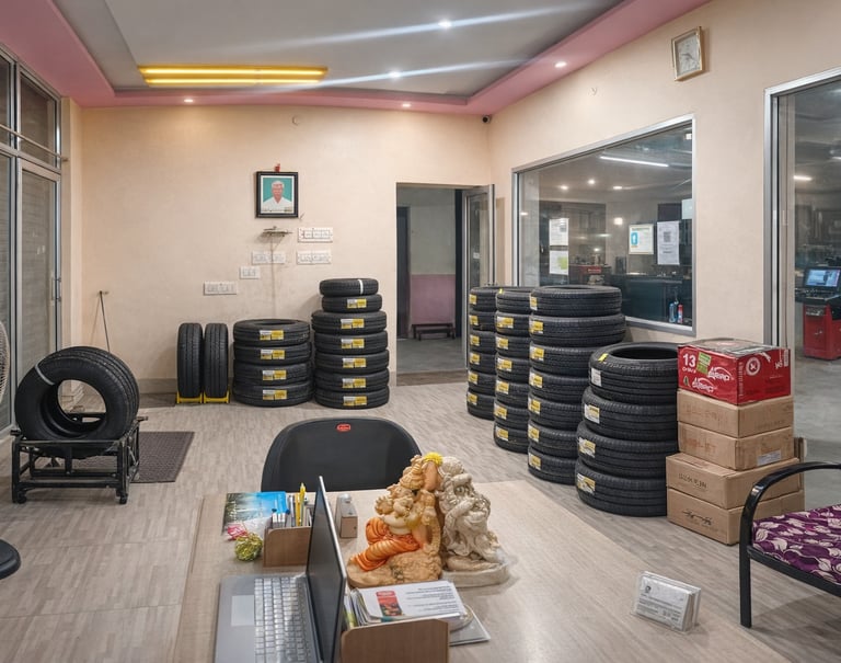 alt="Interior of Ranga Tyres shop with stacked car and bike tyres in a clean showroom"