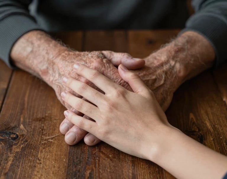 A close-up, artful photograph of two sets of hands—an older hand and a young hand—resting on a rustic wooden table in a North American / US home. The lighting is soft and moody, emphasizing textures and genuine connection. Deep brown and charcoal shadows.