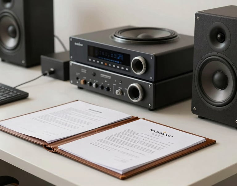 A professional desk in a North American office featuring high-end audio equipment and leather-bound contracts, illuminated by mysterious, soft off-white light.