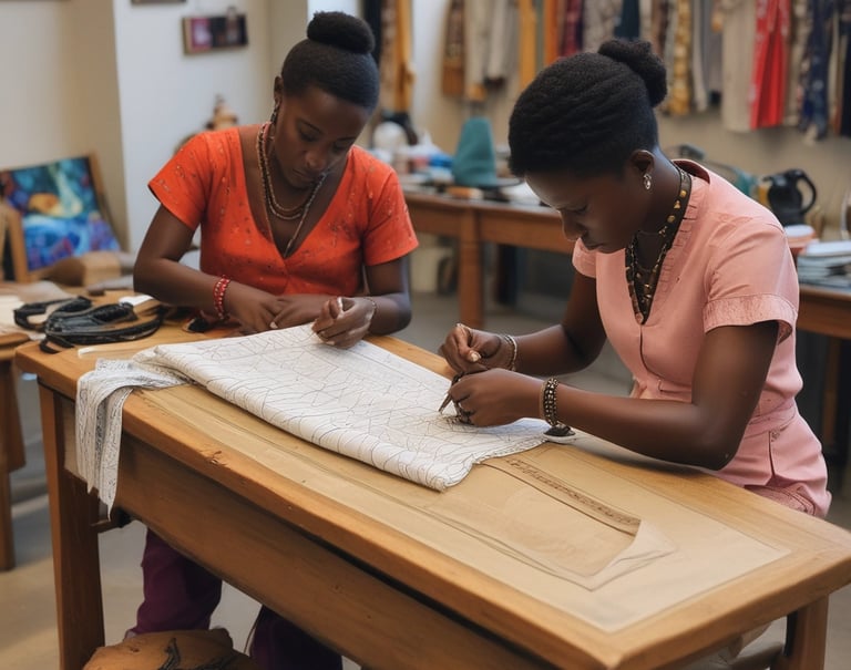 A skilled tailor carefully hand-stitching vibrant African fabric in a bright Lagos studio.