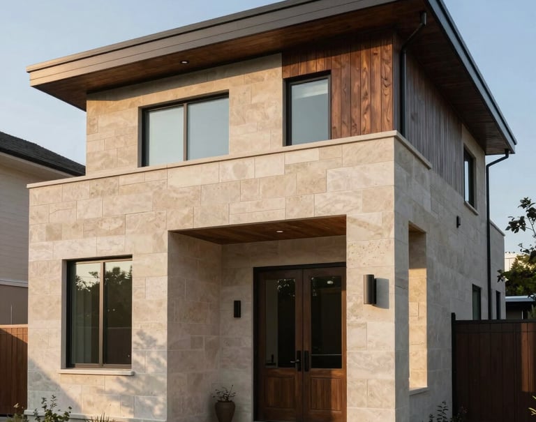 Architectural photography of a modern North American / Canadian residence featuring clean lines and Japandi design elements, late afternoon sun casting soft shadows, beige stone and dark wood textures.