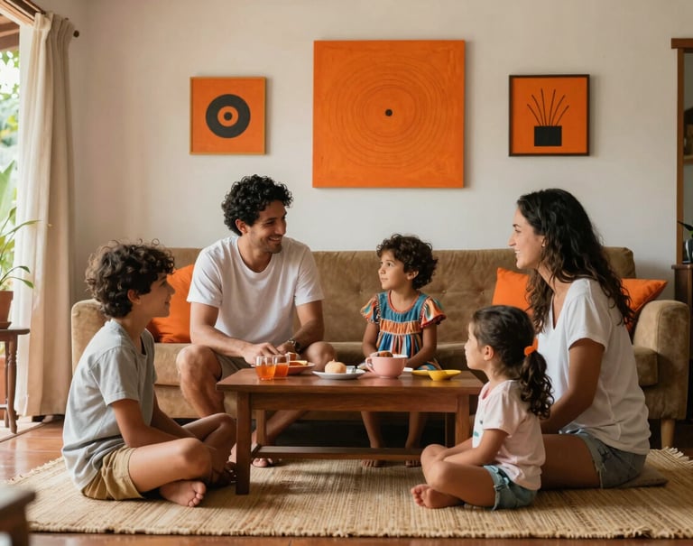 A secure and happy family playing together in a bright South American / Brazilian living room, vibrant orange decorative elements, warm and authentic atmosphere, cinematic photography.